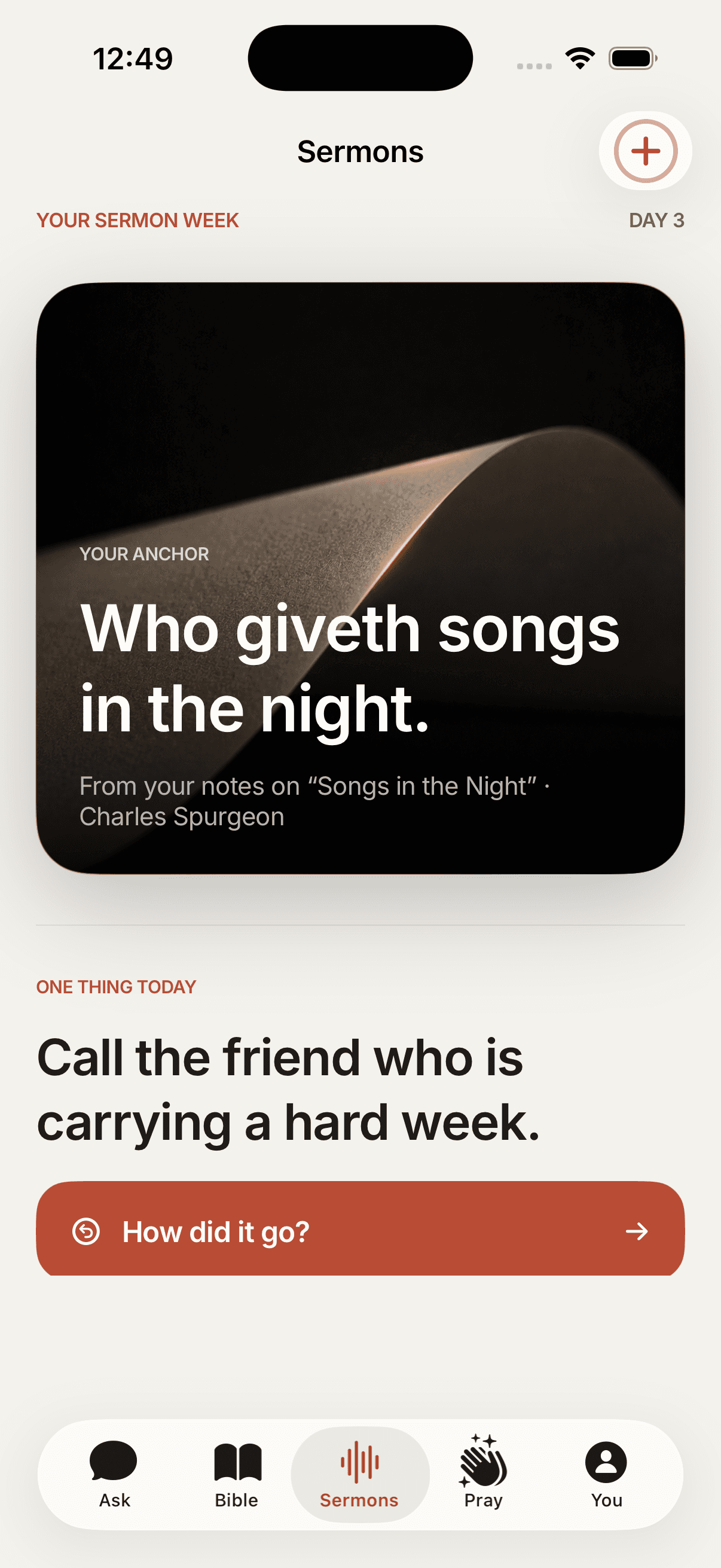 Lumin on iPhone, showing a sermon week with the line Who giveth songs in the night