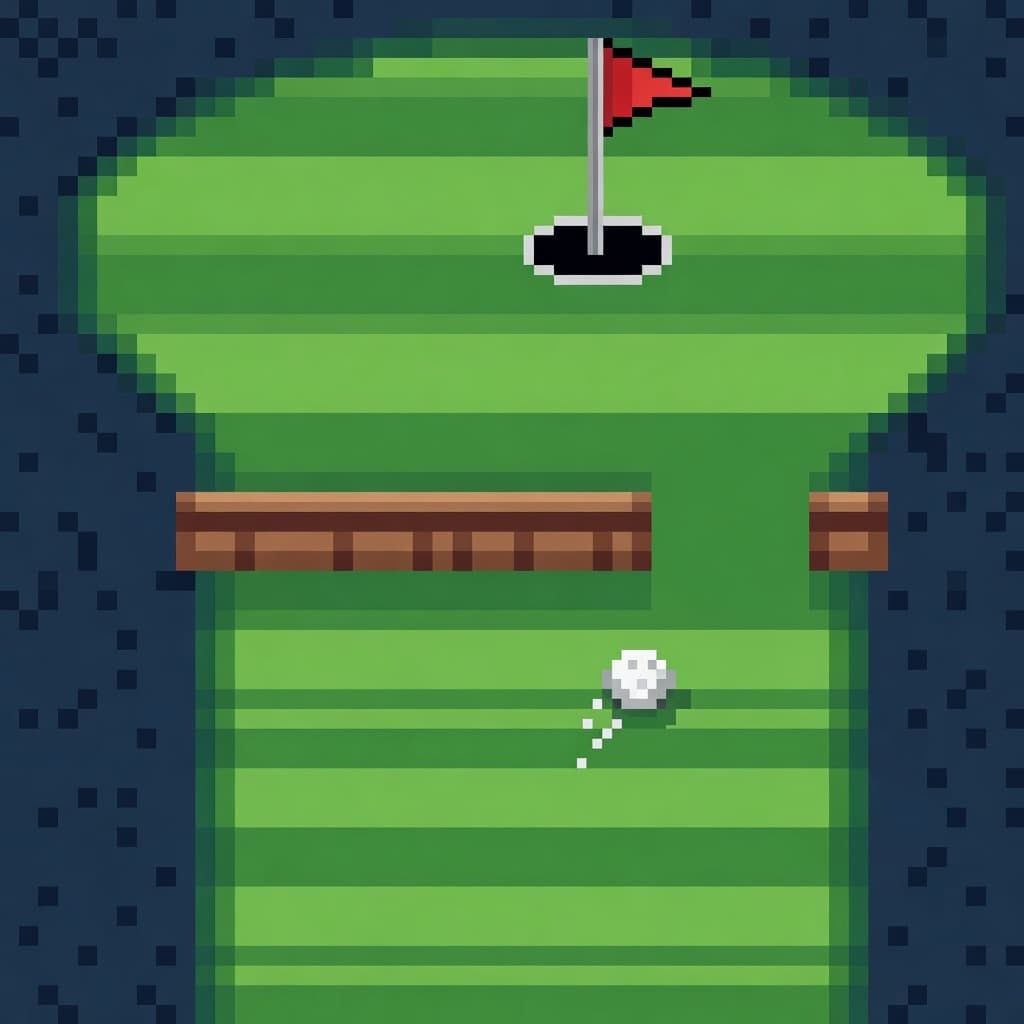 PUTTLE in play: a pixel golf hole, the ball moving toward a gap in the rail