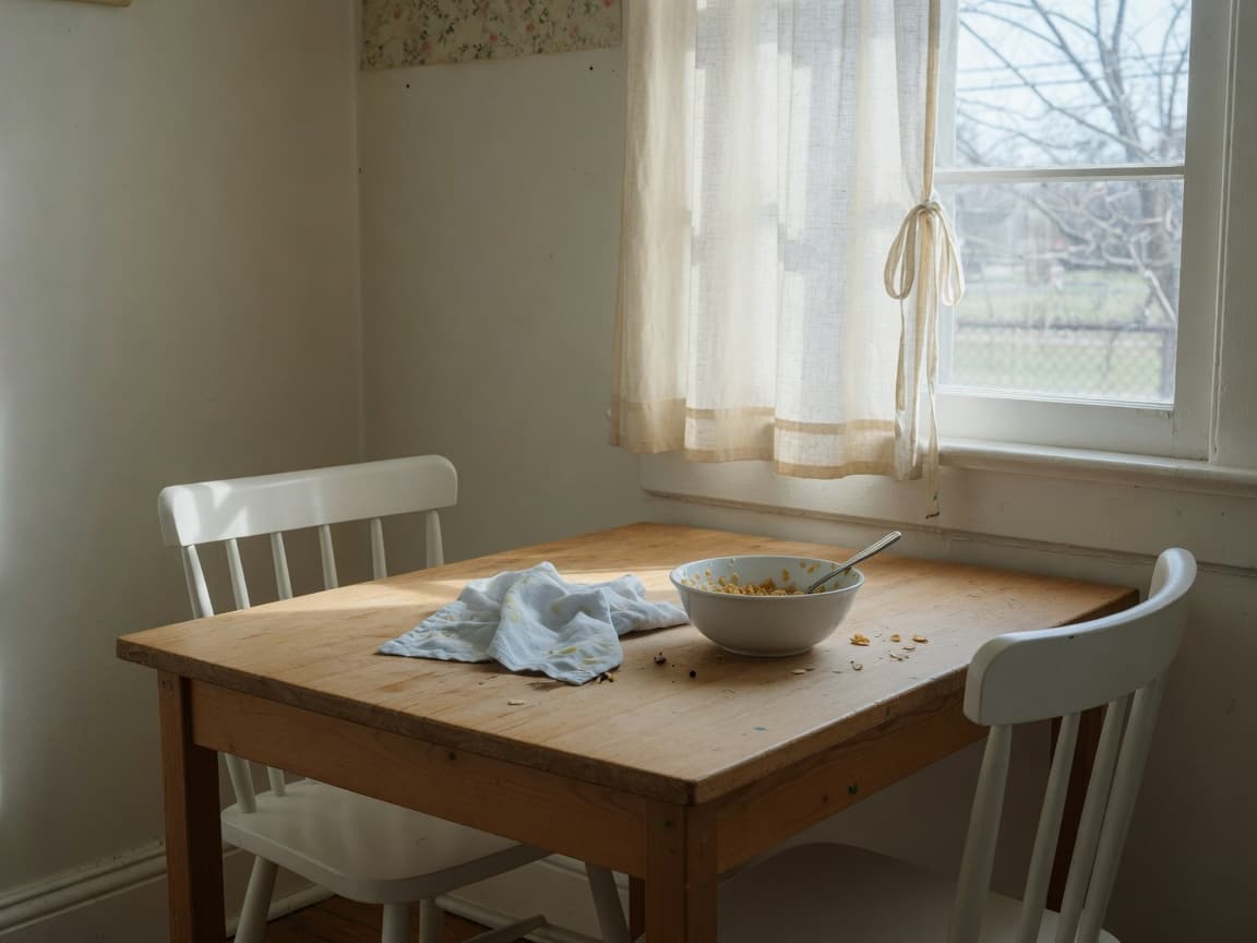 A kitchen table in morning light with two chairs and a cereal bowl