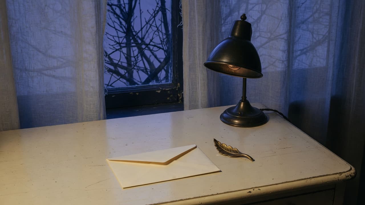 A sealed envelope on a wooden desk under a lamp, with a dark window behind it